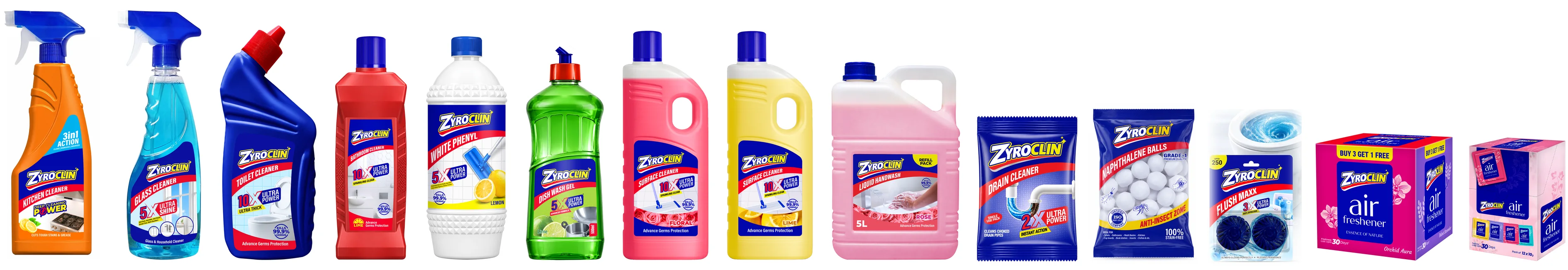 The full Zyroclin range lined up: kitchen and glass trigger sprays, toilet, bathroom, phenyl, dish wash and surface cleaner bottles, drain cleaner jar, naphthalene balls, Flush Maxx and air freshener cartons
