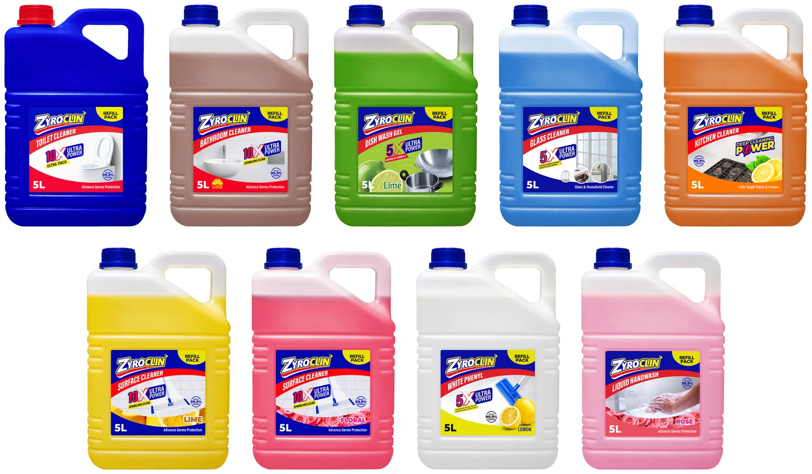Eight Zyroclin 5 litre refill cans: bathroom cleaner, dish wash gel, glass cleaner, kitchen cleaner, surface cleaner floral, surface cleaner lime, white phenyl and liquid handwash
