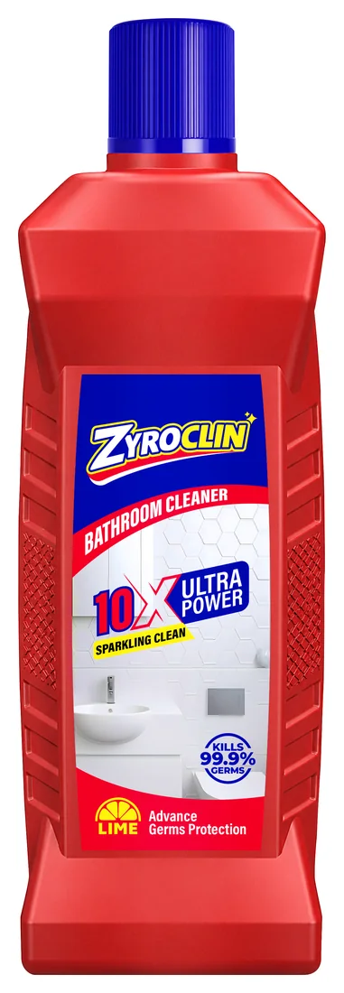 Zyroclin Bathroom Cleaner: red bottle with a blue cap, 10X Ultra Power Sparkling Clean label