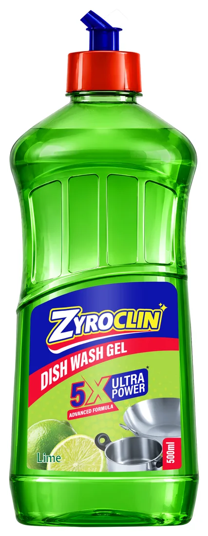 Zyroclin Dish Wash Gel: green bottle with a red flip cap beside a green lime pouch, 5X Ultra Power label