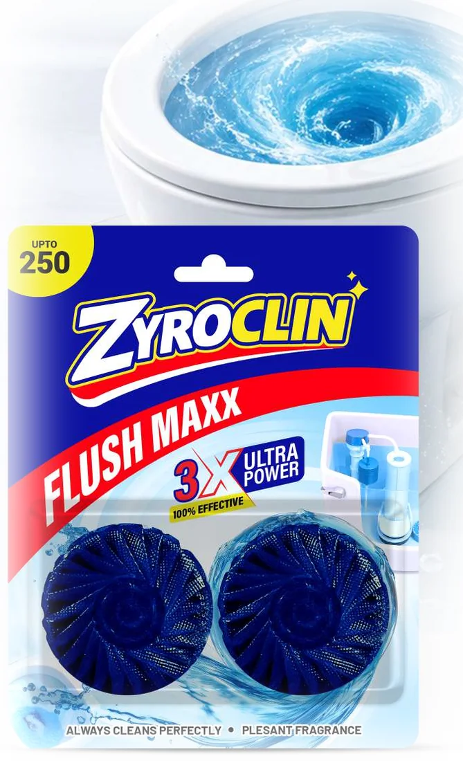 Zyroclin Flush Maxx: blister pack of two blue in-cistern toilet blocks, marked Upto 250 and 3X Ultra Power