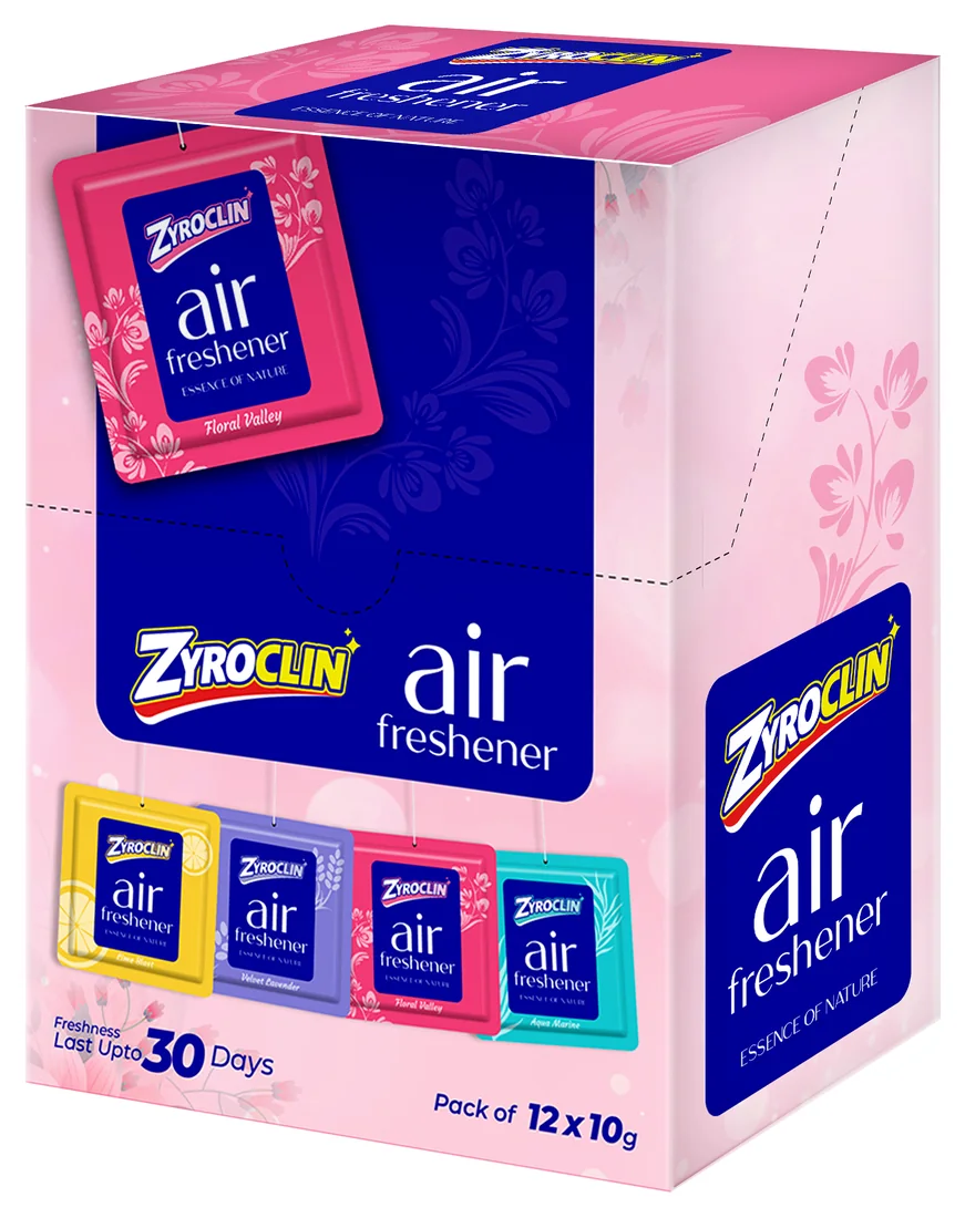 Zyroclin Gel Air Freshener: pink display carton holding twelve hanging gel sachets, on a floral background