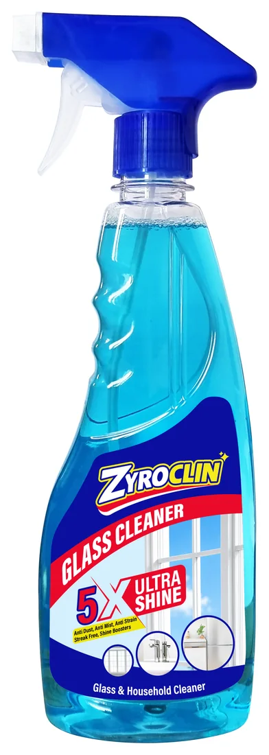 Zyroclin Glass Cleaner: clear blue trigger spray bottle with a blue trigger, 5X Ultra Shine label