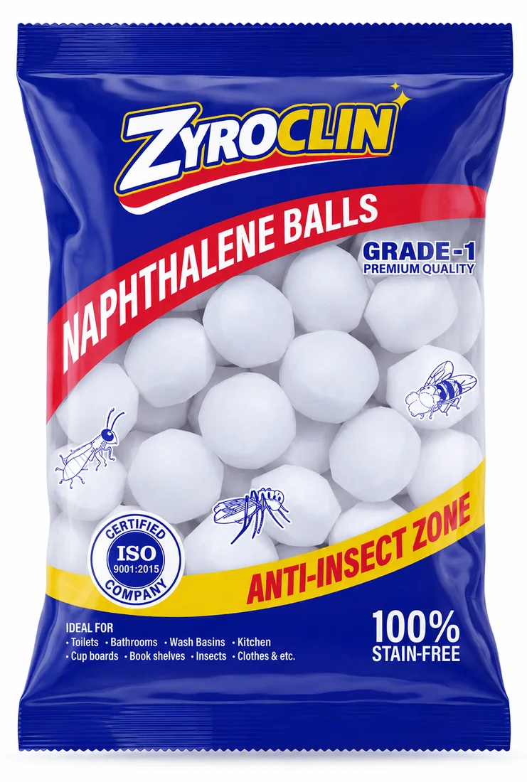 Zyroclin Naphthalene Balls: blue pouch of white balls marked Grade-1 Premium Quality, Anti-Insect Zone and 100% Stain-Free