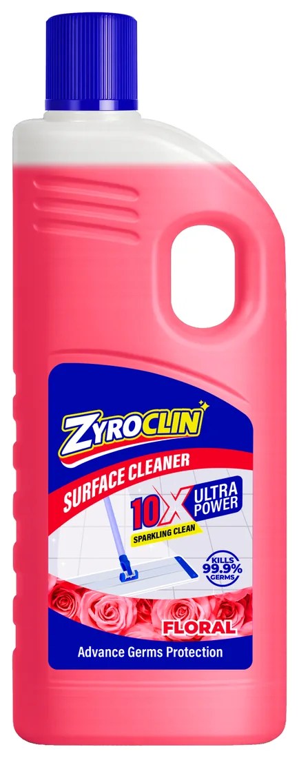 Zyroclin Surface Cleaner Floral: two pink bottles with blue caps, 10X Ultra Power Sparkling Clean label
