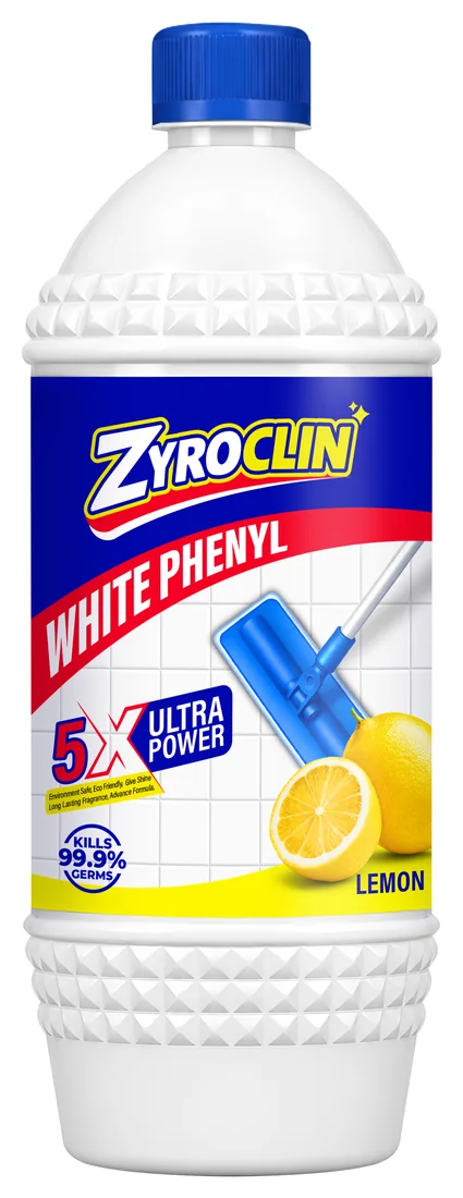 Zyroclin White Phenyl: white textured bottle with a blue cap, 5X Ultra Power and lemon label